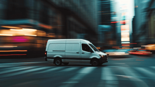 Weißer Lieferwagen fährt mit hoher Geschwindigkeit durch eine städtische Straßenschlucht mit verschwommenen Lichtern und Autos im Hintergrund, was ein Gefühl von Bewegung und Stadttrubel vermittelt.